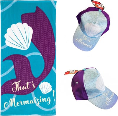ZASKA! Set - Badhanddoek / Strandlaken + Cap - Zeemeermin - XL-Formaat 160x80 cm -  Katoen