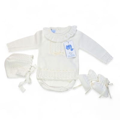 Mac Ilusion Baby setje meisjes | 9639 | Lang truitje/ kort jurkje + kort broekje + slofjes/sokjes + mutsje | Crudo / creme | Newborn | maat 50