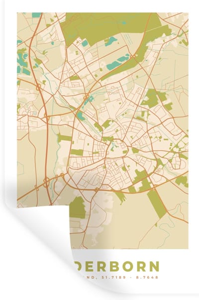 Muurstickers - Sticker Folie - Vintage - Paderborn - Plattegrond - Kaart - Stadskaart - 20x30 cm - Plakfolie - Muurstickers Kinderkamer - Zelfklevend Behang - Zelfklevend behangpapier - Stickerfolie