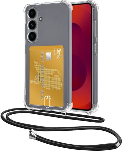Hoes Geschikt voor Samsung Galaxy S25 Hoesje Pasjeshouder Cover Met Koord Shock Proof Case Siliconen Hoes Met Telefoonkoord en Kaarthouder - Transparant