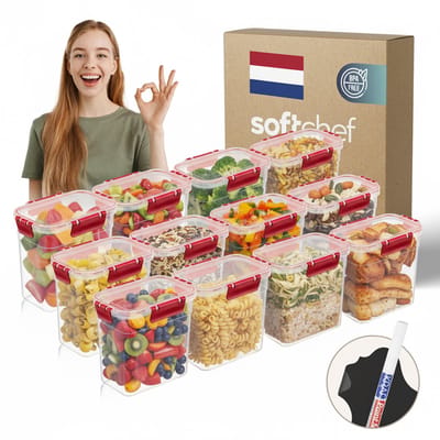 Soft Chef Clara Deep Box – 12-delige Voedselbewaarset (12×2200 ml) – Transparant met rode klikdeksels & silicone ring – BPA-vrij – Luchtdicht & Stapelbaar
