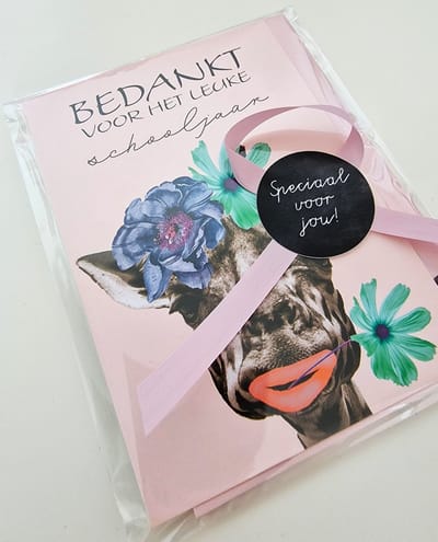 Pakketje 'Bedankt voor het leuke schooljaar' - Giraf - Meer Leuks - Kaart + Notitieblokje samen leuk verpakt. Cadeautje voor meester of juf.