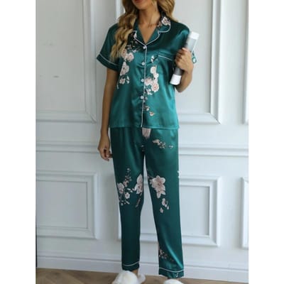 Groene Bloemenprint Satijnen Pyjama Set Glad & Comfortabel Korte Mouw Zak Revers Top & Knusse Lange Broek Dames Loungewear & Slaapkledij XL