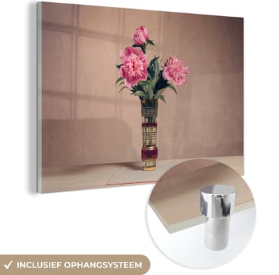 MuchoWow® Glasschilderij 60x40 cm - Schilderij acrylglas - Retro - Pioenrozen - Stilleven - Foto op glas - Schilderijen