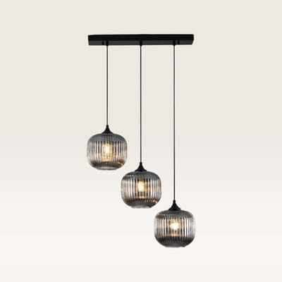 Lusenz- Hanglamp eettafel - 3 lichts Smoke glas - Geribbeld glas - Ovaal - Zwart - Hoogte verstelbaar - Voor eetkamer, slaapkamer, woonkamer, gang - Moderne hanglamp - E27 Fitting