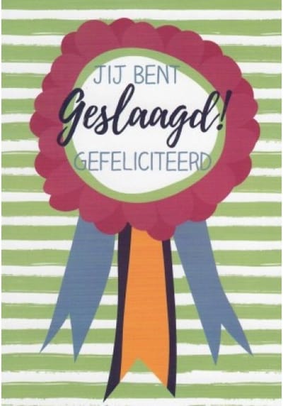 Jij bent geslaagd! Van harte gefeliciteerd! Een kleurrijke kaart die gebruikt kan worden voor diverse gelegenheden. Een leuke kaart om zo te geven of om bij een cadeau te voegen. Een dubbele wenskaart inclusief envelop en in folie verpakt.