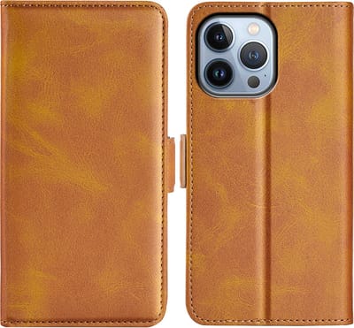 MobyDefend Hoesje - Geschikt voor iPhone 14 Pro Max - Luxe Wallet Book Case (Sluiting Zijkant) - Lichtbruin