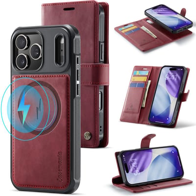 Casemania Hoesje Geschikt voor Apple iPhone 17 Pro - Burgundy Red - Geschikt voor MagSafe - Luxe Kunstleer 2 in 1 Afneembare Bookcase - Magnetische Telefoonhoesje met Pasjeshouder en Standaardfunctie