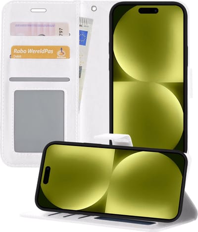 Hoesje - Met Pasjeshouder - Geschikt voor Apple iPhone 15 - Luxe Bookcase Portemonee - Flip Case - Kunstleer Book Case - Flipcase - Book Cover - Walletcase - Portemonneehoes - Telefoonhoesjes - Wit
