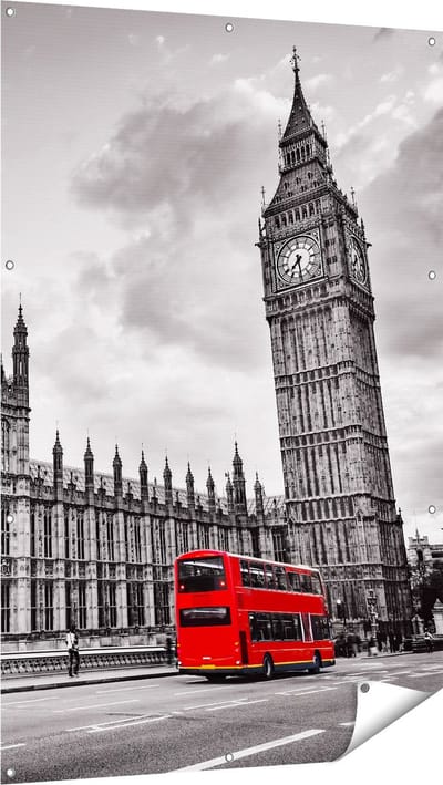 Gards Tuinposter Rode Bussen in Londen - Retro - 100x150 cm - Tuindoek - Tuindecoratie - Wanddecoratie buiten - Tuinschilderij