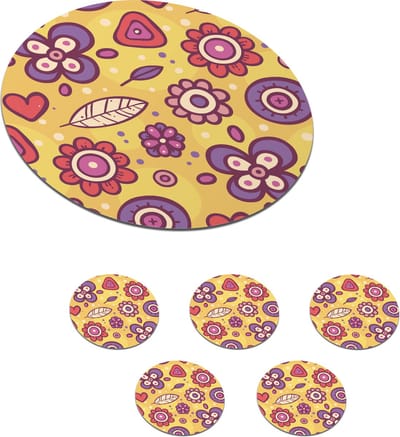 Onderzetters voor glazen - Rond - Patroon - Bloemen - Paars - Oranje - 10x10 cm - Glasonderzetters - 6 stuks
