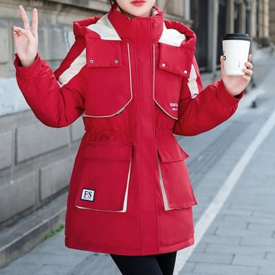 Gewatteerde Kleding Dames Medium en Lang Nieuwe Gewatteerde Kleding Winter Verdikte Jas Gewatteerde Jas 2XL rood