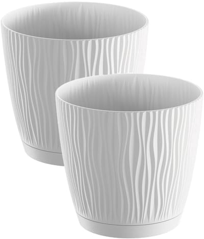Prosperplast Plantenpot/bloempot Waves - 4x stuks - kunststof - wit - D13 x H12 cm - binnen/buiten - met opvangschaal