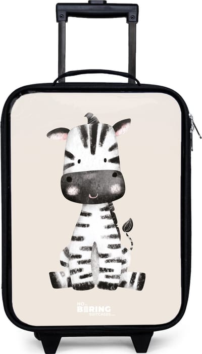 NoBoringSuitcases.com® - Kinderkoffer jongen - Kindertrolley meisje - Zebra portrettekening met beige achtergrond - Koffer kind lichtgewicht - Reiskoffer trolley voor kinderen - Koffertje met lichtgevende wieltjes - Rolkoffer zwart