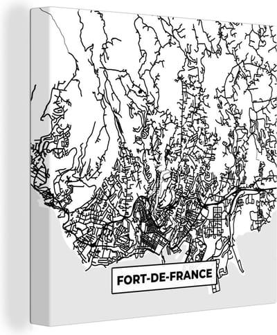 Canvas Schilderij Frankrijk Fort-de-France - Plattegrond - Stadskaart - Kaart - Zwart wit - 20x20 cm - Wanddecoratie