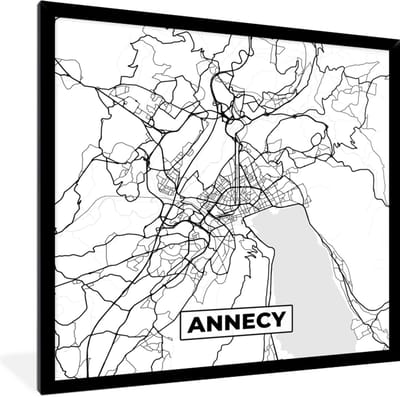 Fotolijst incl. Poster Zwart Wit- Frankrijk - Kaart - Plattegrond - Annecy - Stadskaart - Zwart wit - 40x40 cm - Posterlijst