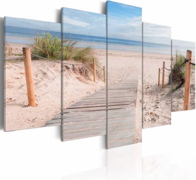 Schilderij - Noordzee, 5luik , blauw beige , wanddecoratie , premium print op canvas