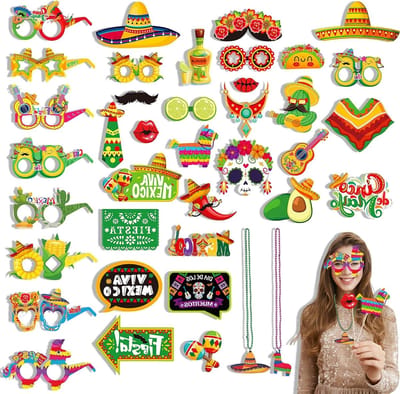 SnelShoppen - Mexican Fiesta Photo Props Set - 40 Stuks met Papieren Brillen en Kralenkettingen - Leuk voor Carnaval en Cinco de Mayo Feestdecoratie