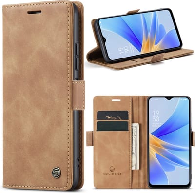 Geschikt Voor Oppo A17 Hoesje - Solidenz Urban Bookcase - Telefoonhoesje - Case Met Pasjeshouder - PU Leren Hoes - Draadloos Opladen - Bruin