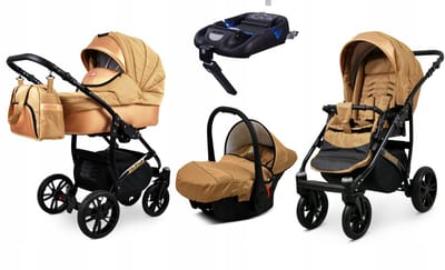 BabyLux® Kinderwagen 4in1 – MIRACLE - GOLD BRAID - Opklapbare Wandelwagen incl. Reiswieg, Multifunctionele Buggy Sportstoel, Autostoel, ISOFIX basisstation - Combi-kinderwagen met Luiertas, Regenhoes, Klamboe