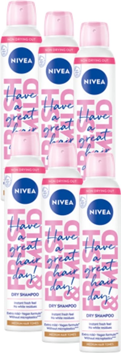 NIVEA Droogshampoo Fresh & Mild Medium - Alle haartypen - Dagelijkse Haarverfrisser - Geen Witte Waas - Voordeelverpakking - 6x 200ml