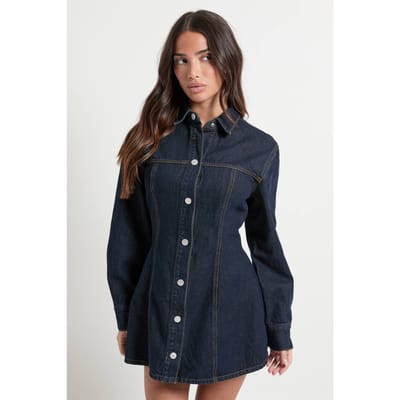 boohoo Dames Petite lange mouwen denimjurk met getailleerde taille | Indigo | Maat: 6