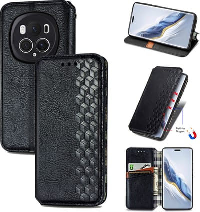 Luxe PU Lederen Ruitpatroon Wallet Case + Screenprotector voor Honor Magic 6 Pro _ Zwart