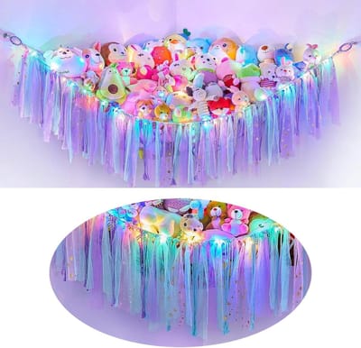 Speelgoednet Hangmat - Knuffel Opberger - Kamer Decoratie - Met LED Licht - 41x41x59 Inch - Blauw