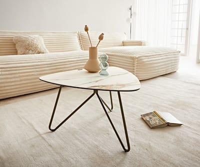 Salontafel Ekrem keramiek Calacatta Luxe wit-goud-grijs 65x65 cm Kruisvoet rond metaal effect afwerking titanium