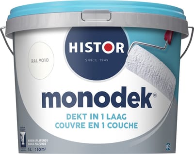 Histor Monodek – Muurverf Binnen Mat – Dekt in 1 Laag – Afwasbaar – Geurarm en Oplosmiddelvrij – Met Ultra Dense Technology voor Extra Dekkracht – Voor Binnen – RAL 9010 – 5L