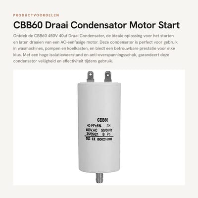 Dailygoods- Condensator 450V 40uF - Aanloopcondensator - Motor Start - Frequentie 50/60Hz - Hoge isolatieweerstand - Geschikt voor wasmachines/pompen - Motorcondensator