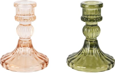 Dekoratief | Kaarsenhouder groen/goud, glas, 8x8x11cm, set van 2 stuks | A255518