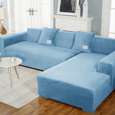 Fluwelen bankhoezen Elastische hoekbankhoes L-vormige bankhoezen Hoes Fauteuil Chaise Lounge Hoes Voor Woonkamer 1seater 90-140cm hemelsblauwe kleur