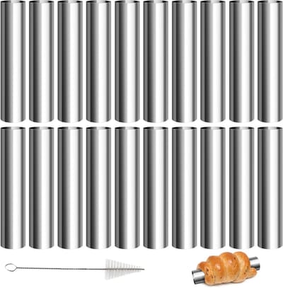 RVS Bakvorm voor Cannoli en Roomhoorntjes 12 x 2 cm met Schoonmaakborstel, Antiaanbaklaag, Set van 21 voor Croissants en Gebak