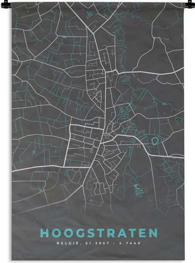 Wandkleed - Wanddoek - België – Hoogstraten – Stadskaart – Kaart – Blauw – Plattegrond - 120x180 cm - Wandtapijt