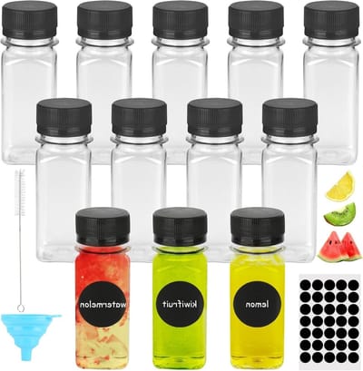 Kleine herbruikbare flessen van 60 ml met trechter, borstel en labels - ideaal voor sap, melk en water, set van 12 stuks
