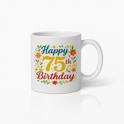 Kleurrijke Gelukkige 75ste Verjaardag Mok 330ml – Bloemen- en Feestelijk Ontwerp – Perfect Cadeau voor 75ste Verjaardagsviering