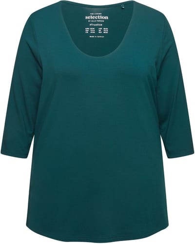 Ulla Popken - Dames - Shirt diepe ronde hals 3/4-mouw - Diepgroen - Maat 42+