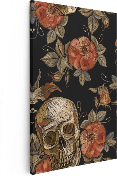 Artaza Canvas Schilderij Doodshoofd Met Rozen - 20x30 cm - Klein - Muurdecoratie Bloemen - Wanddecoratie Gothic - Kamer Accessoires
