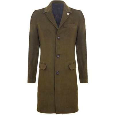 Lange olijfwollen slim-fit overjas voor heren