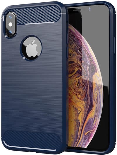 Cadorabo Hoesje geschikt voor Apple iPhone X / XS in BRUSHED BLAUW - Beschermhoes van flexibel TPU siliconen in roestvrij staal-carbonvezel look Case Cover
