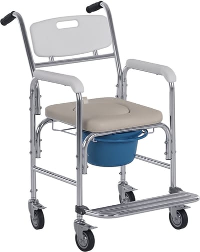 1 stuk - Rolstoelaccessoires - Waterbestendige rolstoel – Met toiletvoorziening – Zitting van kunstleer – Ontwerp met 4 wielen – Uitneembare toiletvoorziening – Geschikt voor ouderen en mindervaliden – Afmetingen: 84 x 54 x 96 cm