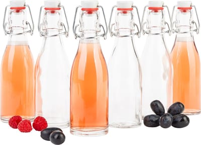 Set van 6 scharnierende topflessen 200 ml + scharnierende top - glazen fles voor cider, sap, bier, schnaps, likeur, azijn & olie