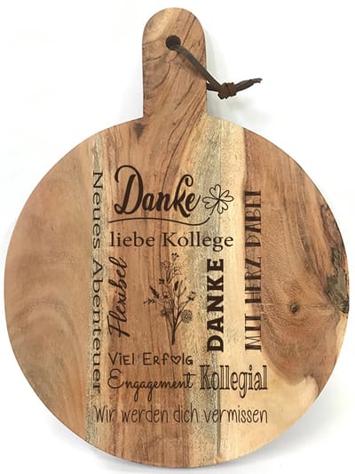 Runde Schneidebrett/Servierbrett/Tapasplatte mit Gravur „DANKE LIEBE KOLLEGE“ Ein originelles Geschenk für eine Kollegin oder einen Kollegen zum Abschied.