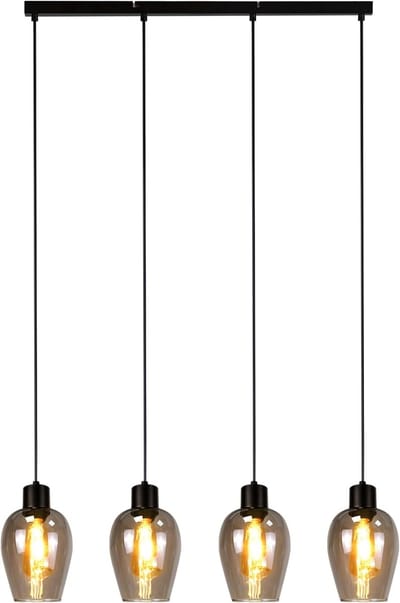Glitzerlife - Hanglampen - Retro-stijl - 4xE27 - Rookgrijs glas - Mat zwart metaal - PVC-kabel - Hoogte verstelbaar - Druckknopschakelaar - Eetkamer Woonkamer Hotel -Eetkamer
