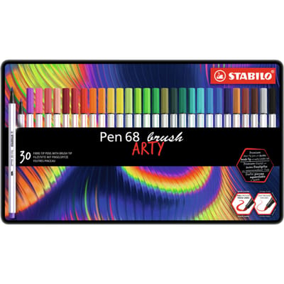 STABILO Pen 68 Brush - Premium Brush Viltstift - Met Flexibele Penseelpunt - ARTY Metalen Etui Met 30 Verschillende Kleuren