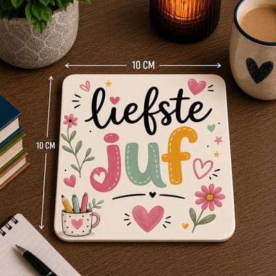 Liefste Juf Onderzetter 10x10 cm – MDF Onderzetter met Bedankt Juf Tekst – Origineel Cadeau voor de Juf