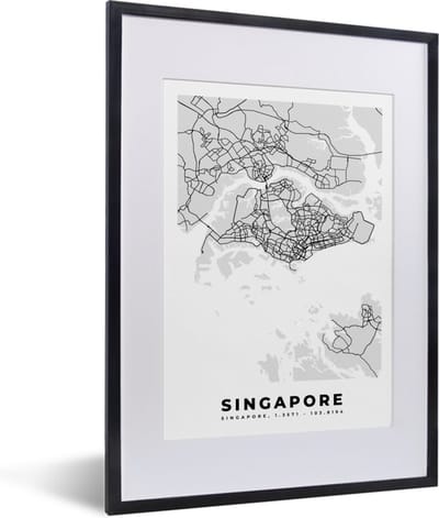 Fotolijst incl. Poster Zwart Wit- Singapore - Plattegrond - Stadskaart - Zwart Wit - Kaart - 30x40 cm - Posterlijst