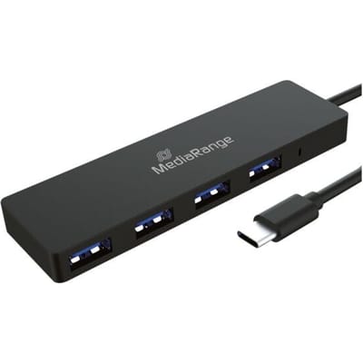 MediaRange USB Type-C verdeler, 4 poorten, voor USB 3.0 en 2.0, plug-and-play, zwart