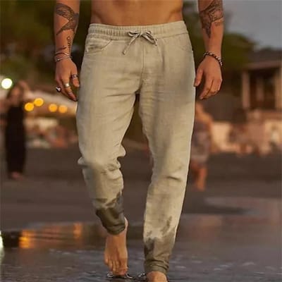 Heren Elastische Taille Katoen Linnen Lange Broek Losse Casual Broek S beige
